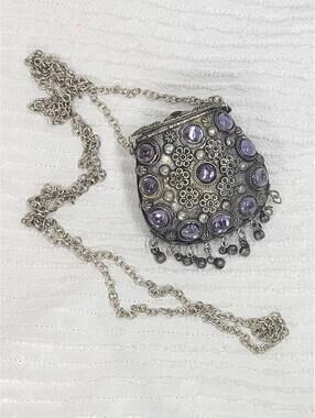 Vtg 70s Metal Pouch Necklace Belt 42" Long Chain Purple Glass Amethyst Retro